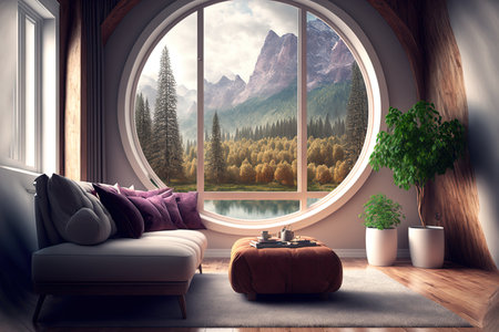 Big window with a view in cozy modern living roomの素材
