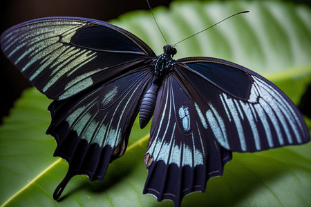Black butterfly up close with spread wingsの素材