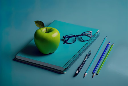 Blue backdrop with a green apple, a spiral notebook, a pen, eyeglasses, and a laptopの素材