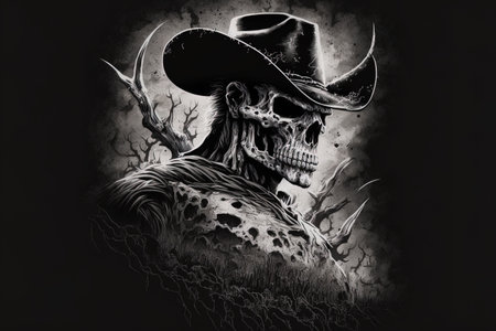 Black and white skull cowboy artwork print on t shirts, jackets, and mementosの素材