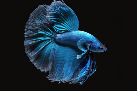 Betta fish in blue on a completely black backdropの素材