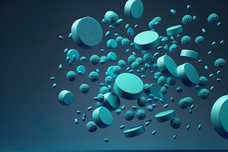Blue backdrop with falling tablets. antibacterial agentsの素材