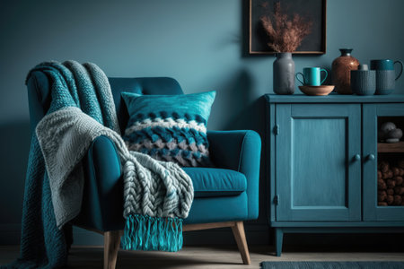 Blue blanket on sofa and wooden cabinet next to turquoise armchair in living roomの素材