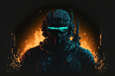 Black backdrop with a portrait of a future tactical armored soldier wearing a maskの素材