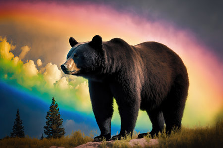 Black bear amid a rainbow colored cloudの素材