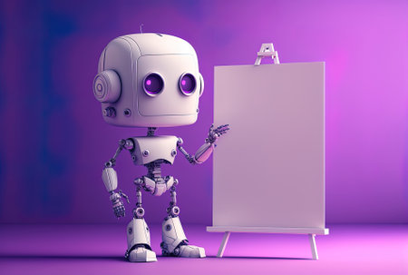 Blank canvas with a cute robot on a purple backdrop. example or mockupの素材