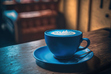 Blue cup of coffee on a wooden table at a cafe with lighting in the backdropの素材