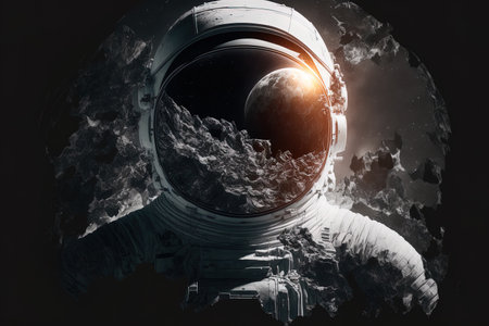 Front view of astronaut on dark background and moon.の素材