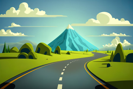 Blue sky and a road next to a green mountainの素材