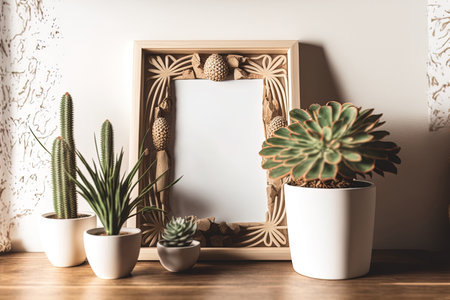 Boho style mock up frame close up with a background of a home interior.の素材