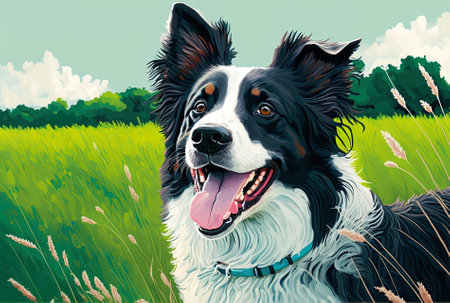 Border collie merle dog portrait in summer, laughing, solitary on grass surfaceの素材
