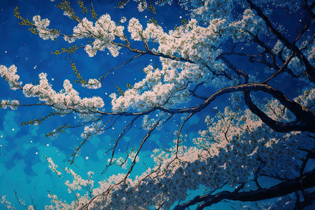 Blue sky, white flowers, and cherry tree blossoms provide a natural settingの素材