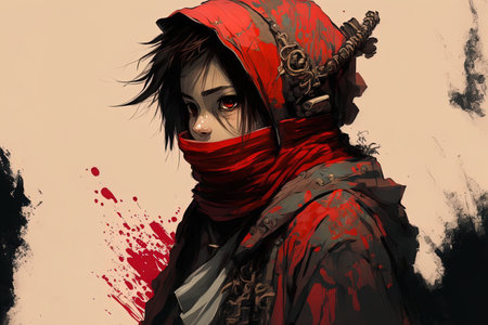 Boy samurai from anime wore a crimson scarfの素材