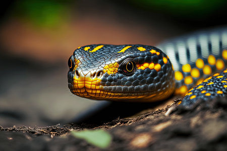 Boiga snake dendrophila closeup of an animal assault with a yellow ringed headの素材