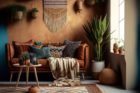 Bohemian style interior design, a warm colored living roomの素材
