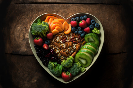 Bowl with heart healthy food items in top view against a wooden backdropの素材