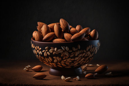 Bowl of almonds on a dark backdropの素材