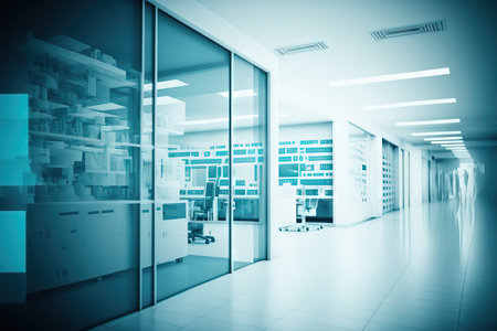Blurry medical office background, interior in blue and whiteの素材