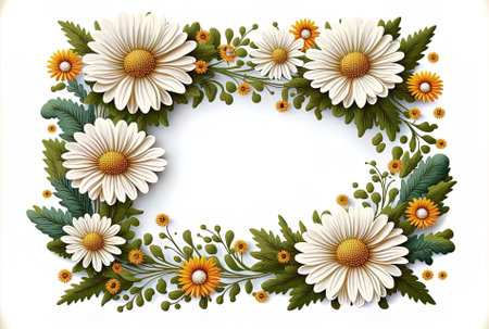 Border design with daisies and leaves on a white backdropの素材