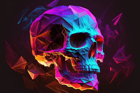 Bright polygons explode from a neon synthwave skullの素材