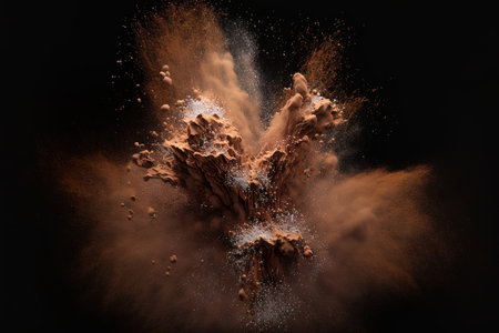 Brown powder explodes on a dark backgroundの素材