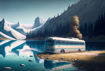 Vintage bus on a lake in the mountainsの素材