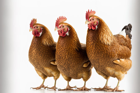 Brown hens isolated on a white backdrop, idea for farmers raising laying hensの素材