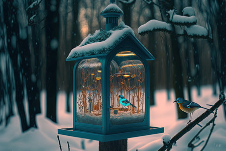 Bright bird feeder in a woodland during the winterの素材