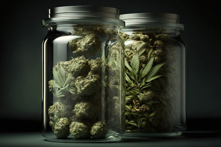 Buds of marijuana stacked in a glass jarの素材