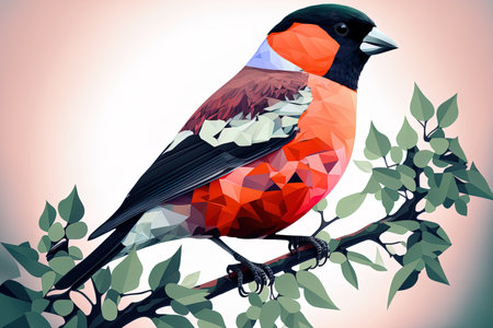 Bullfinch perched on a branch. Bullfinch illustration with a white backgroundの素材