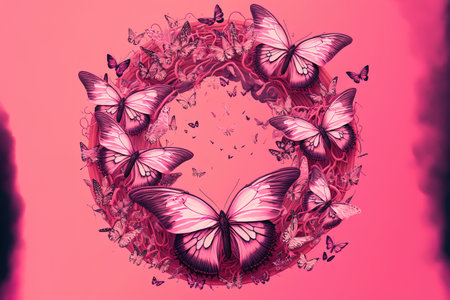 Butterflies encircling the neck against a pink backdrop. For a t shirt, printの素材