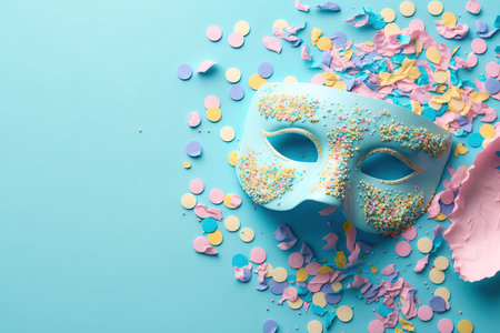 Carnival mask and confetti flat lay banner with pastel colors on a blue backgroundの素材