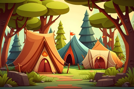 Camping tents in the greenery of the woodsの素材