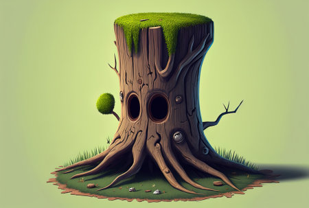 Cartoon Tree Stump shows a large, amusing tree stump with roots and some grass bladesの素材