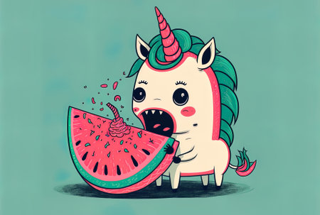 Cartoon of a cute unicorn eating watermelonの素材