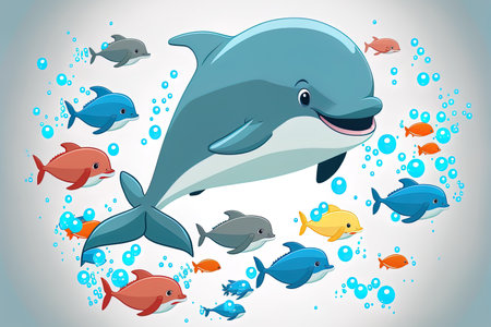 Cartoon image of cute dolphin attractions in the waterの素材
