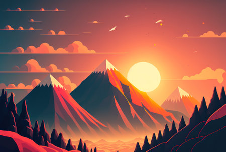 Cartoon mountains, lovely scenery, and rising sunの素材