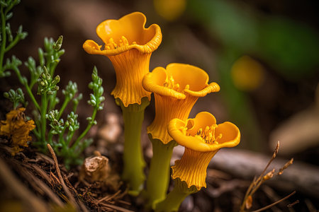 Chanterelle mushrooms growing in moss close upの素材