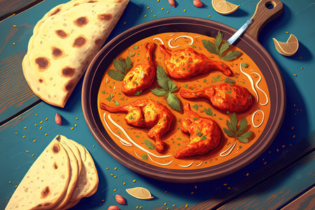 Chicken tikka masala spicy curry meat food and naan bread on blue wooden backgroundの素材