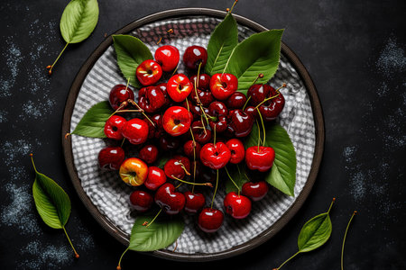 Cherries in a dish are flat lay on a gray background with a picnic blanketの素材
