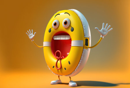 Character mascot with white teeth and a life buoy on a yellow backdropの素材
