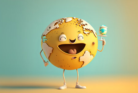 Character mascot with a white teeth and an earth globe on a yellow backdropの素材