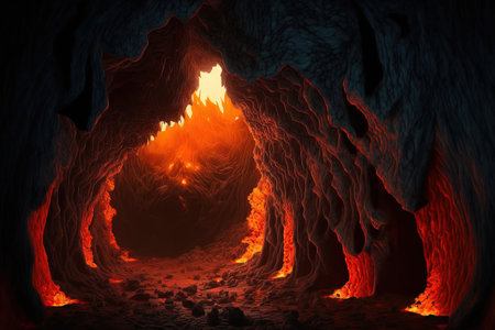 Cavern of molten lava underground. electronic art. long caveの素材