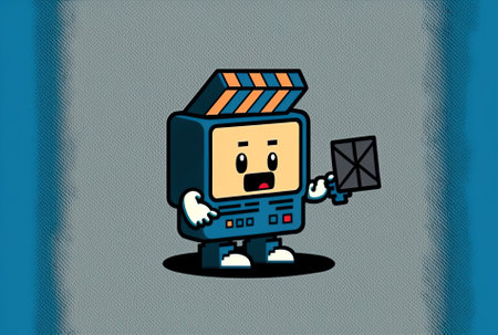 Character with a pixelated hand cursor and a movie clapper boardの素材