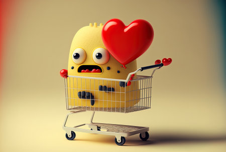 Character mascot with a red heart and a shopping cart on a yellow backdropの素材