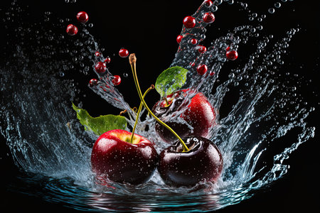 Cherries splash in the water over a dark backdrop to advertise fresh beveragesの素材