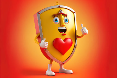 Character mascot with a life buoy and a red metal safety shield on a yellow backdropの素材