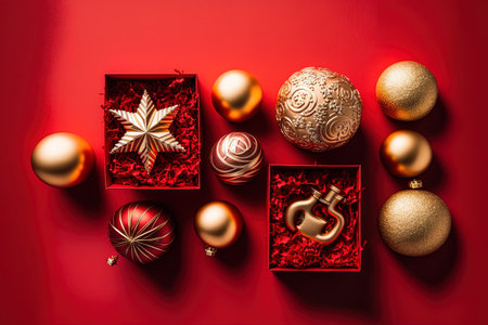 Christmas decorations in the top perspective on a red backdropの素材