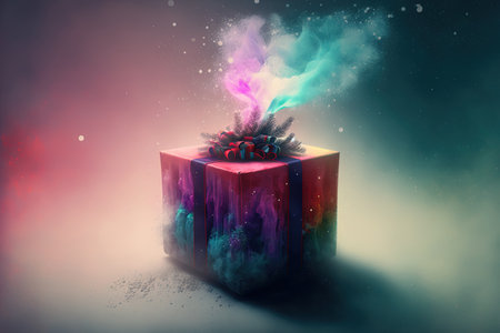 Christmas composition with a cheery present against a background of hazeの素材