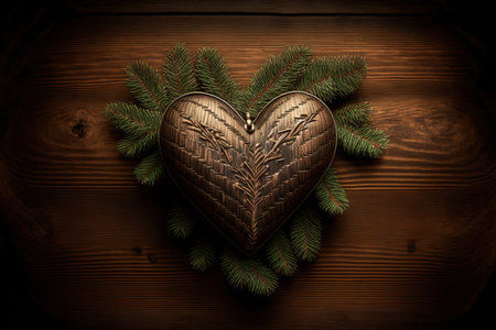 Christmas fir tree on hardwood background with beautiful heart, copyspaceの素材